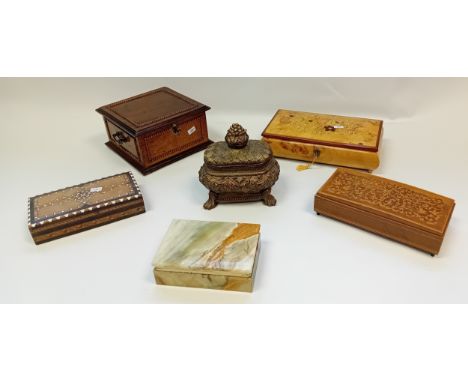 Collection of vintage boxes to include ornate jewllery box, fine inlay music box, marquetry box etc