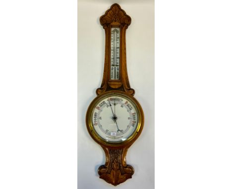 A Victorian Carved  Wood Barometer - 19/20th Century beautiful carved oak barometer &amp; thermometer.