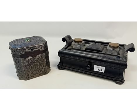 Victorian black wooden inkstand together with decorative arts &amp; crafts tea caddy.