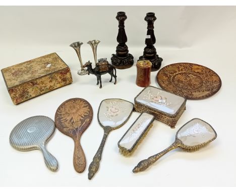 Collectable odds; Novelty camel and onyx lighter, dressing table set, wooden carved candle sticks, plated vases, decorative c
