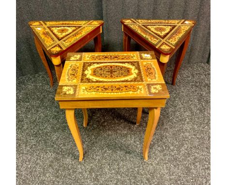 Three vintage Italian inlaid marquetry music side tables.