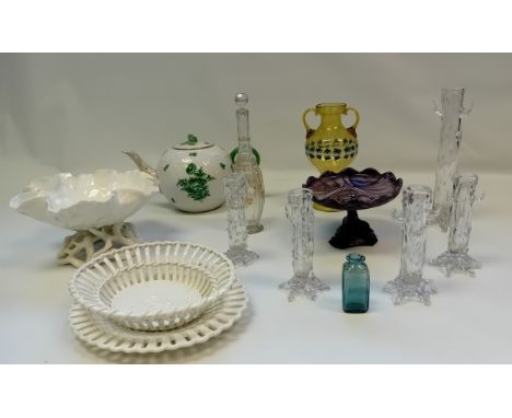 Mixed Glass and Porcelain; Vintage Wedgwood cream ware baskets, Purple swirl dish, Ruffed Ceramic dish, Chinese Bouquet Green