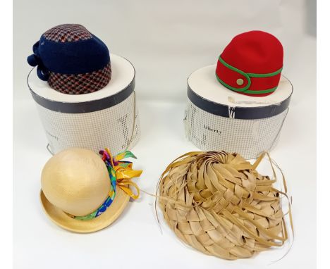 Three vintage Alan Couldridge for Liberty hats with boxes. Together with hand woven palm leaf hat