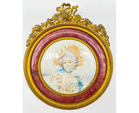 19th century hand painted framed miniature portrait, signed Flerry
