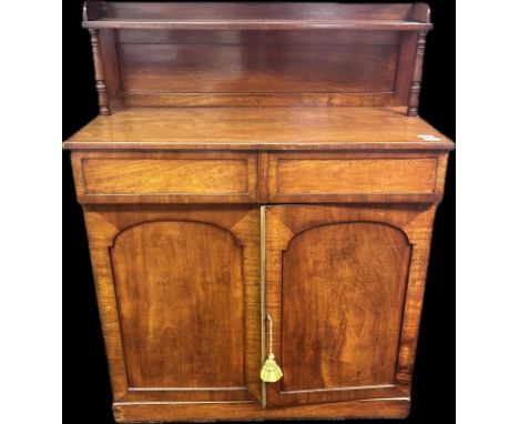 19th century rosewood Chiffonier, the rectangular top with a galleried superstructure above two short drawers and two cupboar