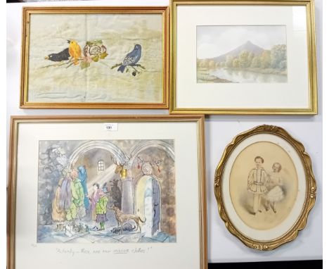4 Artworks;Antique needwork on silk.Watercolour landscape, signed.Antique watercolour portrait of children, signed and dated 