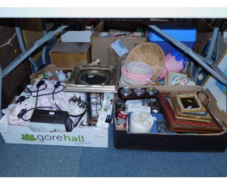 A silvered wall mirror, picture frames, tea lights, ceramic ornaments and sundries.  (4 boxes)