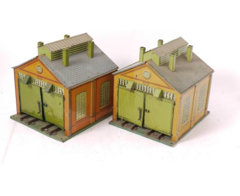 Two Hornby O Gauge No 1 Engine Sheds, both on green bases with slotted sleepers (for third-rail addition), one F, one G, both