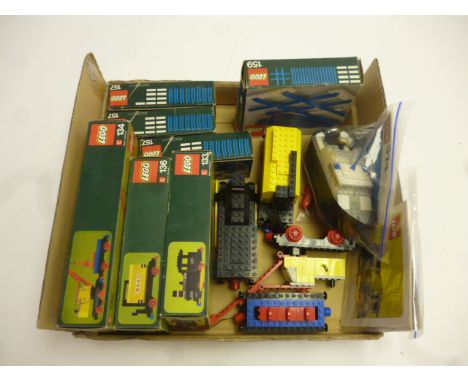 Lego Trains, 134 Crane with match truck, 136 Shell Tanker, 133 Steam Engine, all made up with original boxes, 157 Track (3), 