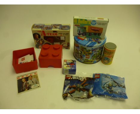 Lego Kinder Egg Toys Viewmaster and other items, Lego shaped box with Lego address books, badges and key fob, 2849 and 3022 C