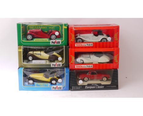 1:18 and 1:16 scale Cars, A boxed group of six vintage cars comprising, Polistil  examples including Morgan Plus 8, BMW 328, 