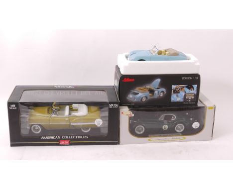 1;18 Scale Cars, A boxed trio of vintage vehicles, comprising  Schuco Porsche 356A Cabriolet (311) wing mirror detached but p