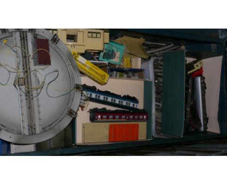 A Large Trunk of Marklin HO Gauge 3-rail/Stud Track Accessories Rolling Stock and Other Items, including Turntable, Loco Shed
