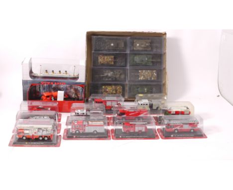 Fire Engines Tanks and R.M.S. Titanic, A boxed/packaged collection comprising Del Prado fire engines (25+), a Trux, FOF1, 1:5