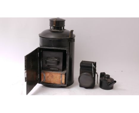 Three Vintage Railway and other Oil Lamps, comprising a large round lamp approx. 9" diameter and 17" high, possibly from Cros