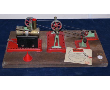 A Mamod Live Steam Spirit Fired MM2 Stationary Engine and Workshop, the engine with 'over-type' cylinder, burner and funnel, 