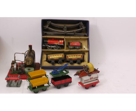 Hornby O Gauge MO Series Trains and a Mamod SE2 Engine, Trains including a boxed Passenger set with red locomotive, tender an