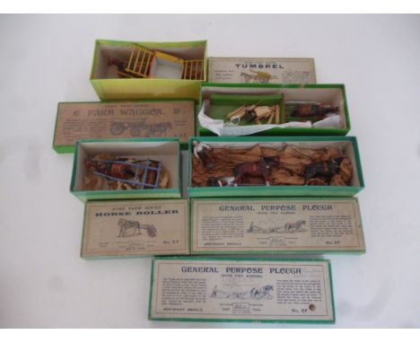 Britains Home Farm Series Carts and Farm Equipment, 4F Tumbrel Cart with horse and hay ladders, Carter lacks arm, 5F Farm Wag