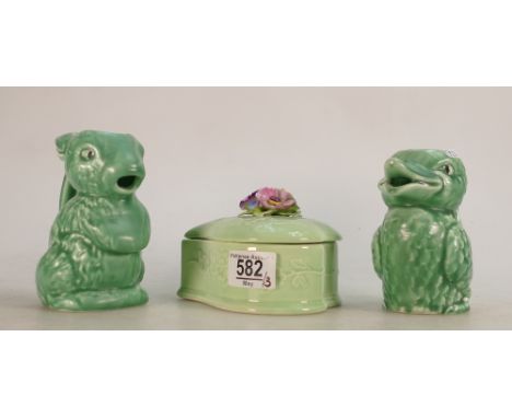 Sylvac Green Art Deco Jug figure 44,43 and similar trinket box, height of tallest 12.5cm(3):