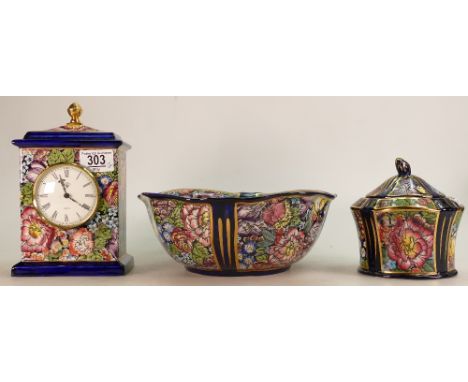 A collection of Masons Decoupage Patterned items to include: Mantle Clack, Lidded Pot and Fruit Bowl, height of Clock 22cm(3)