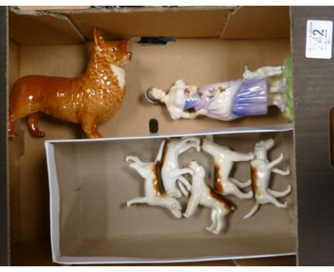 A collection of damaged items to include: Beswick Hounds, Similar large Corgi dog &amp; Royal Doulton lady figure Spring HN20