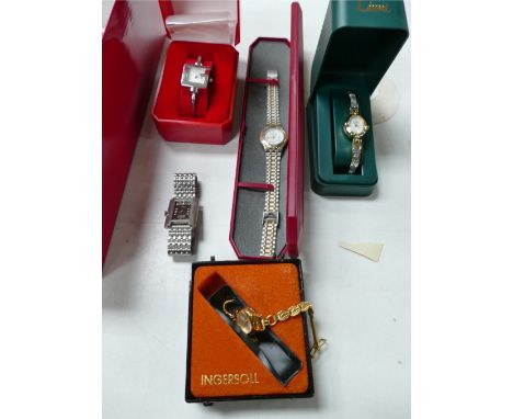 5 x ladies fashion watches : 4 x boxed, including Limit, Eton, Ingersol manual, Ingersol quartz &amp; Gucci.  Manual watch wi