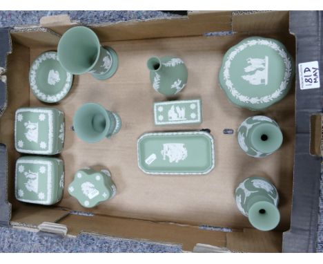 A collection of Sage Green Wedgwood Jasperware to  include: vases, trinket boxes. trays etc