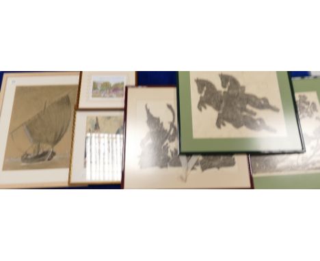 Group of 6 prints and a drawing: Large seascape charcoal drawing with white bodycolour 49cm x 36cm excluding mount, four Indo
