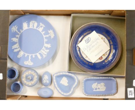 Wedgwood Blue Jasperware items to include: plates, ashtrays, trinket boxes etc 