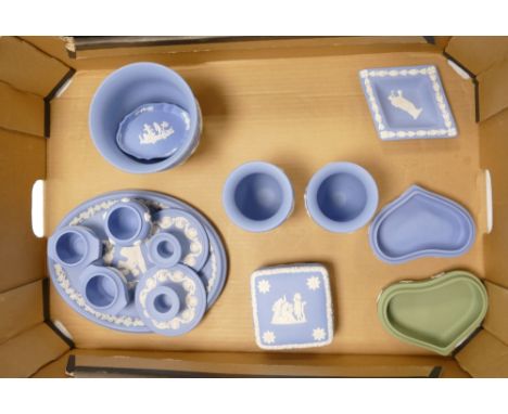 A collection of Wedgwood jasper ware item to include: dressing table tray, candlesticks, small planter, vases, trinket boxes 