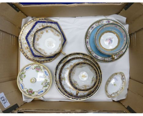 A mixed collection of ceramics to include: Noritake floral and jeweled gild decorated trios, cup saucer and lidded box