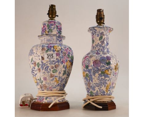 Masons Blue Flower Decorated Lamp Bases: height of tallest to fitting 33cm(2)