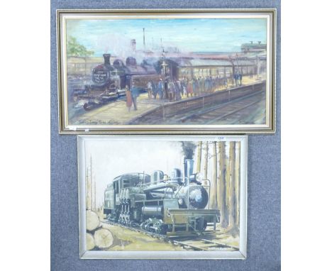 F Sherwin signed oil on board showing Train Station Scene: together with similar D Halliwell item dated 1972(2)