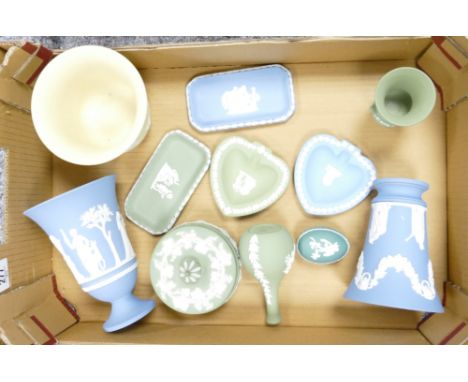 A collection of multi coloured Wedgwood jasperware to include: planter, vases, trays etc