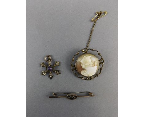 Antique 9ct Gold Jewellery Items ( 3 ) In Total. Comprises 9ct Gold Amethyst and Seed Pearl Pendant Drop. 9ct Gold Brooch & 9