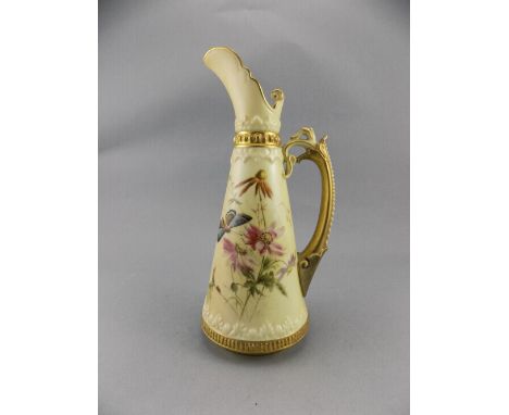 Royal Worcester Blush Ivory Shaped Ewer, Decorated with Images of Butterflies and Flowers, Gold Handle and Borders. Shape 126