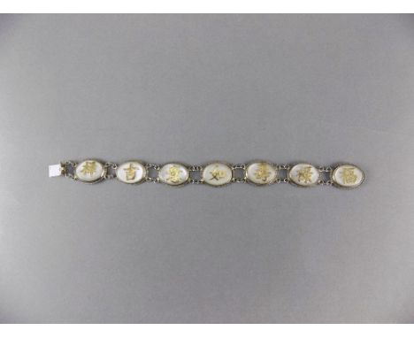 Chinese Silver and Mother of Pearl Bracelet with Gold Applied Script to Each Panel, Marked Silver. 7.25 Inches In Length. Exc