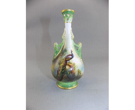 Royal Worcester Twin Handle Hand Painted Small Vase with Painted Images of Peacocks In a Woodland Setting. Date 1909. Height 