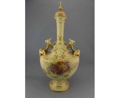 Royal Worcester Fine Hand Painted Large and Impressive Blush Ivory and Satyr Headed Lidded Vase with Floral Decoration and Go