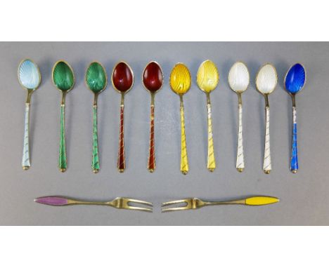 Danish Very Fine Antique Silver and Enamel Matching Set of 10 Spoons with two matching forks. Marked Sterling 925. All pieces