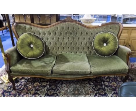 Victorian Camel Back 3 Seater Sofa, Green Upholstered Button Back With 3 Cushioned Seats, Carved Back Rail, Carved Walnut Fra