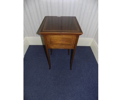 19thC Mahogany Sewing Table, The Double Hinged Top With Silk Lined Interior And Push Button Release For Single Drawer Beneath