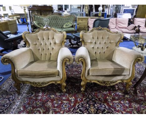 Pair Of Walnut Framed Italian Armchairs, Padded Button Backs With Cushioned Armrests and Seats, Short Carved Cabriole Legs