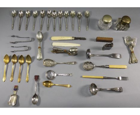 Miscellaneous Lot Comprising Mostly EPNS Flatware, Inkwells, Pen Knife, Lighter Etc.