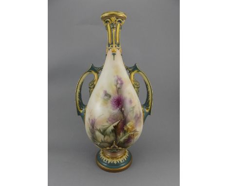 Royal Worcester Hadleys Hand Painted and Impressive Large Twin Handle Vase, Decorated with Painted Images of Thistles. c.1880