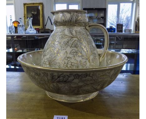 Doulton Late 19th Century Large Footed Wash Basin and Water Jug with Highlighted Gold Leaf Decoration on Cream Ground. c.1890