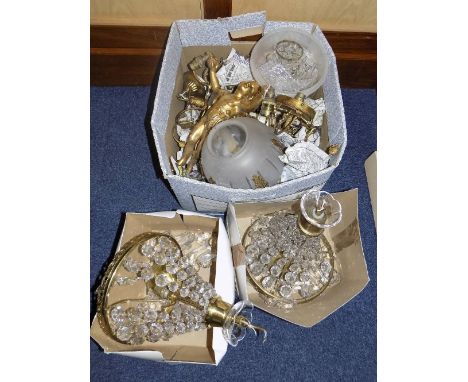 Collection Of Early To Mid 20thC Light Fittings, Brass Framed With A Quantity Of Prisms, Comprising Ceiling Lights, Cherub Wa
