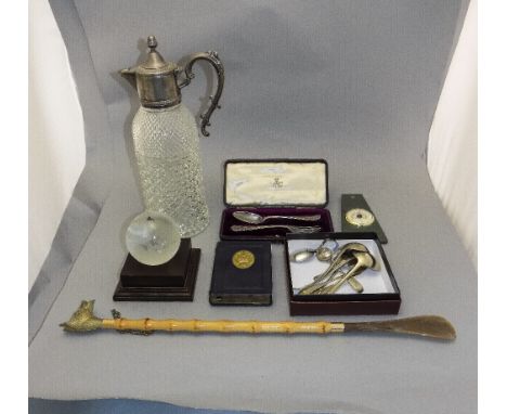 Mixed Lot Containing A Silver Plated Spoon And Fork, A Shoe Horn, Vintage money box post office savings bank, Silver Plated C