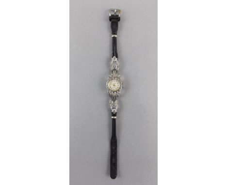 A Ladies Marcasite Manual Wind Wrist Watch on a Leather Strap In a Box. 