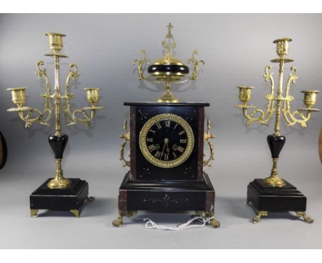 Late 19thC Slate/Marble Mantle Clock Of Plain Form, Black Dial With Gilt Numerals, Complete With Two Three Branch Garnitures.
